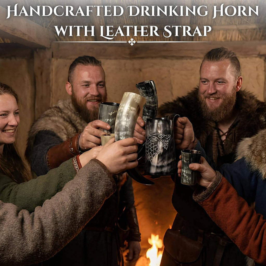 Viking Drinking Horn Mug & Cup Set | 6-Piece Collection with 16Oz Dire Wolf Engraved Mead & Beer Mug, Shot Glass, Bottle Opener, Leather Strap, Drinking Horn & Stand | Norse Gift for Men