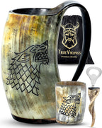 Drinking Horn Mug 16-20 Oz – Gifts for Men, Dad, Husband – Unique Viking Gift – Handmade Authentic Ox Horn Cup with Shot Glass & Opener – for Beer, Ale, Mead – Natural Polished (Fenrir)
