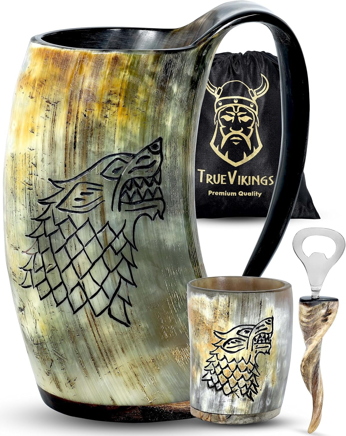 Drinking Horn Mug 16-20 Oz – Gifts for Men, Dad, Husband – Unique Viking Gift – Handmade Authentic Ox Horn Cup with Shot Glass & Opener – for Beer, Ale, Mead – Natural Polished (Fenrir)