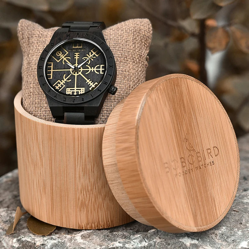 Viking Vegvisir Man'S Wooden Watches Vintage Watch for Men Wood Clock