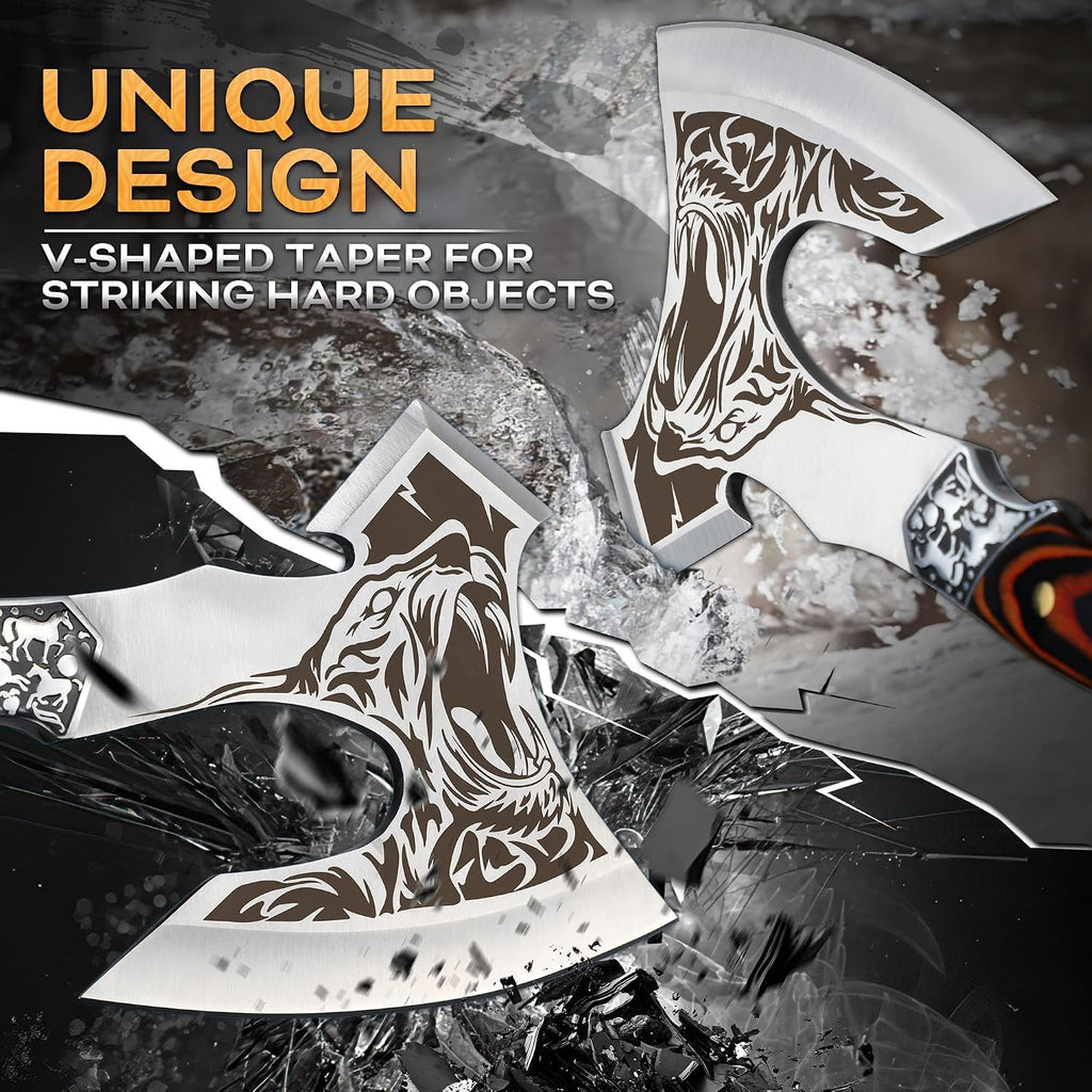 Camping Axe, Tiger - Patterned Survival Hatchet with Nylon Sheath | High Carbon Steel Blade, Ergonomic Wood Grip, Nylon Sheath, Unique Pattern Design, for Hiking, Chopping, Hunting