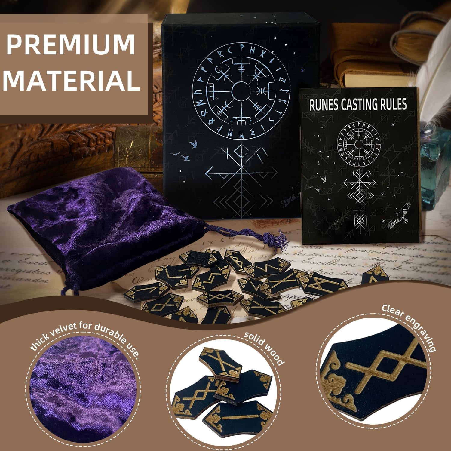 Runes Set, 25Pcs Wooden Viking Rune Stone Set with Guide Book, Velvet Bag, Norse Runas for Beginners,Witchcraft/Divination/Meditation/Spiritual