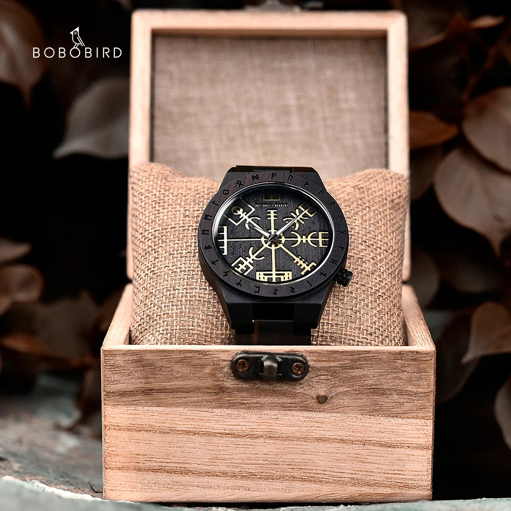 Viking Vegvisir Man'S Wooden Watches Vintage Watch for Men Wood Clock