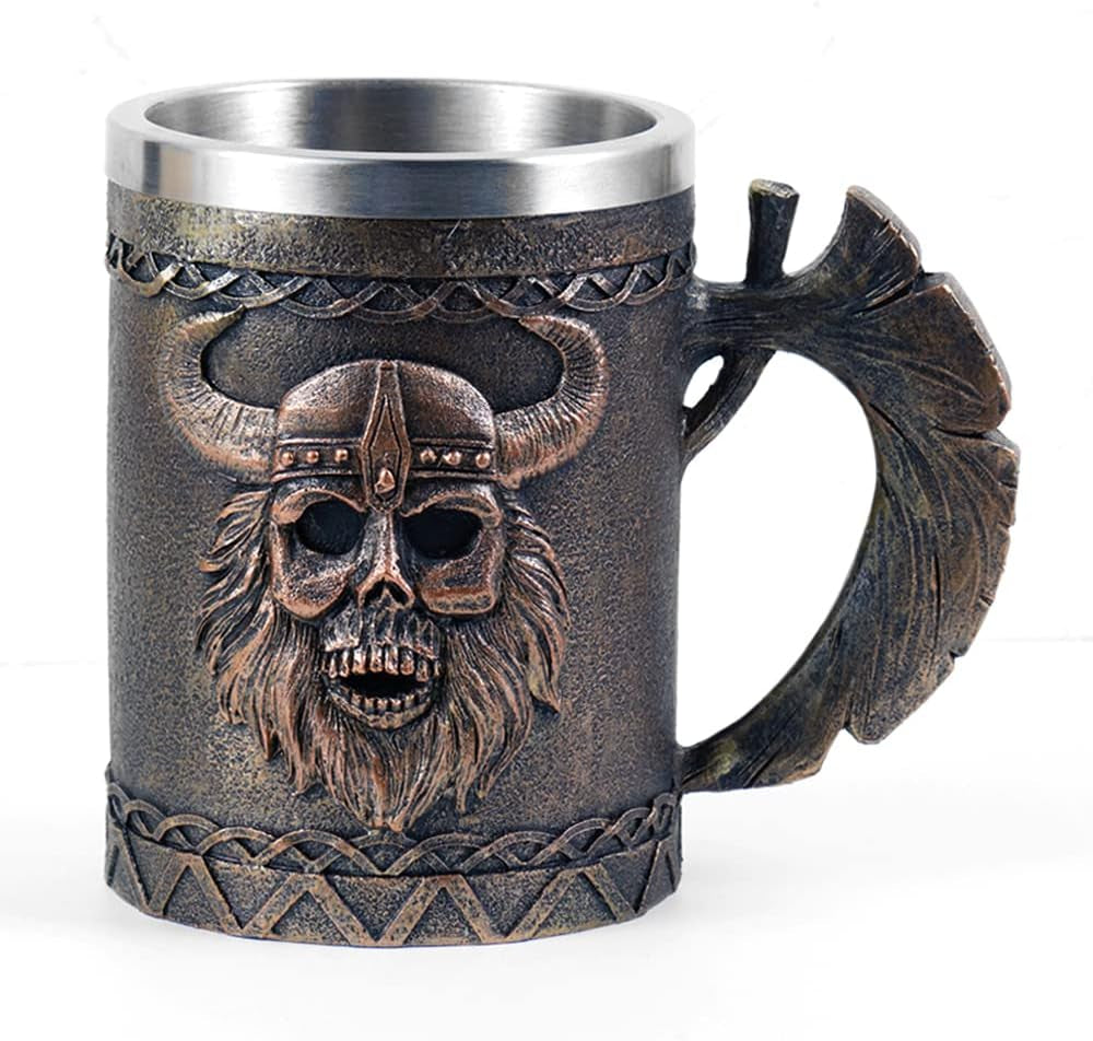 Viking Axe Mug, Stainless Steel Horn Beer Cup, Viking Warrior Skull Cup Tankard, Drinking Cup Coffee Beer Steins,Medieval Skull Drinkware Mug for Coffee/Beverage/Juice17Oz Gift for Men