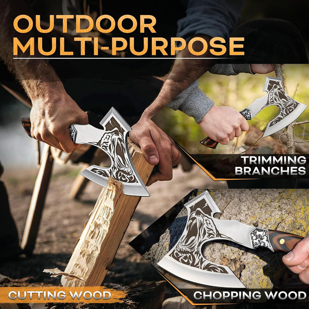 Camping Axe, Tiger - Patterned Survival Hatchet with Nylon Sheath | High Carbon Steel Blade, Ergonomic Wood Grip, Nylon Sheath, Unique Pattern Design, for Hiking, Chopping, Hunting