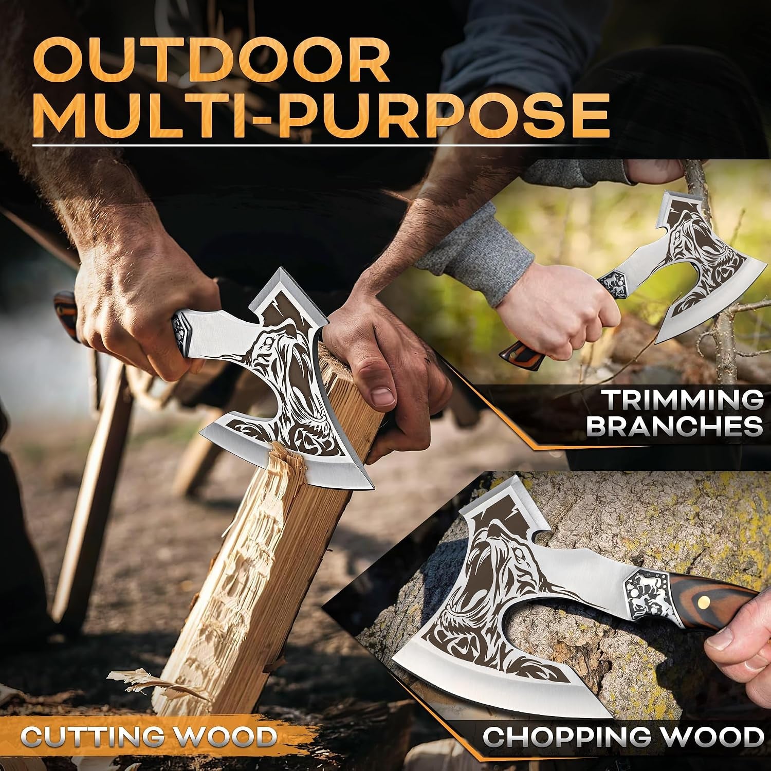 Camping Axe, Tiger - Patterned Survival Hatchet with Nylon Sheath | High Carbon Steel Blade, Ergonomic Wood Grip, Nylon Sheath, Unique Pattern Design, for Hiking, Chopping, Hunting