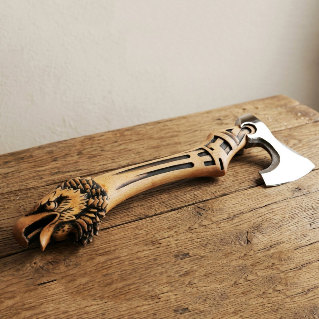 High Quality Carbon Steel Handmade Eagle Handle Viking Sculpture Axe with Sheath