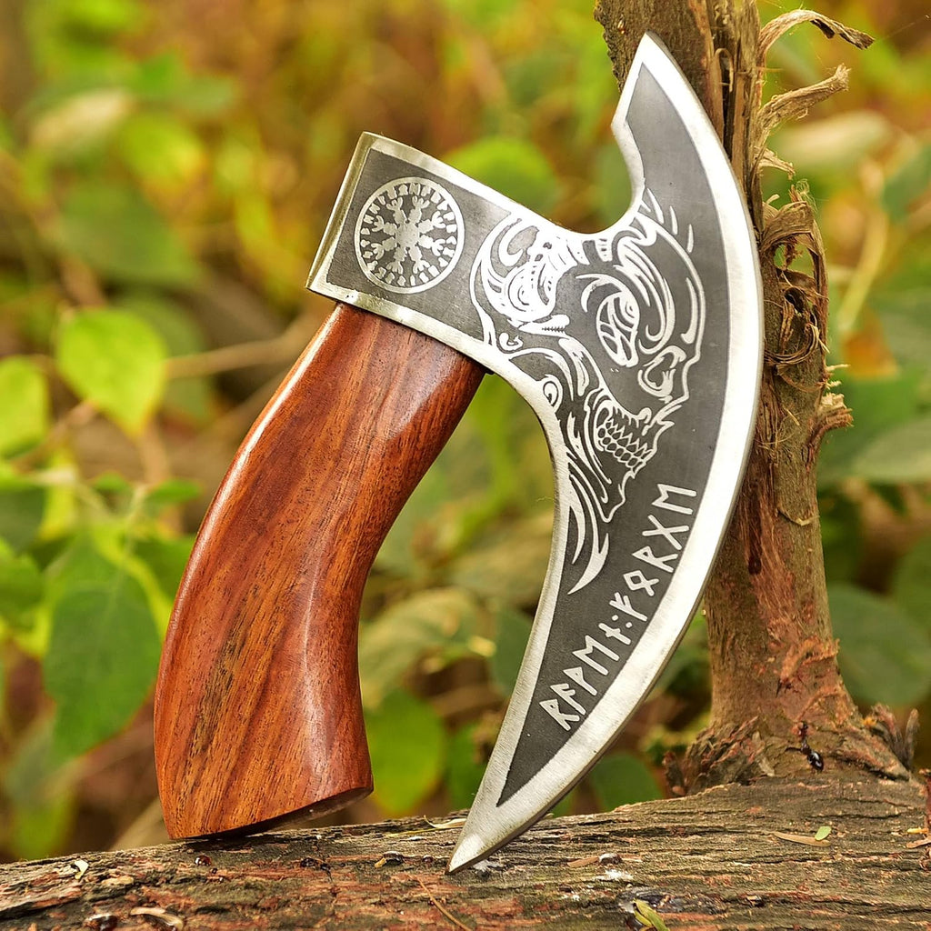 Viking Pizza Cutter Axe, Hand Forged, Carbon Steel Slicer Chef Viking Axe with Premium Leather Sheath, Mini Axe Kitchen Tool, Medieval Pizza Cutter, for Hunting, Camping, and Viking Gifts for Men