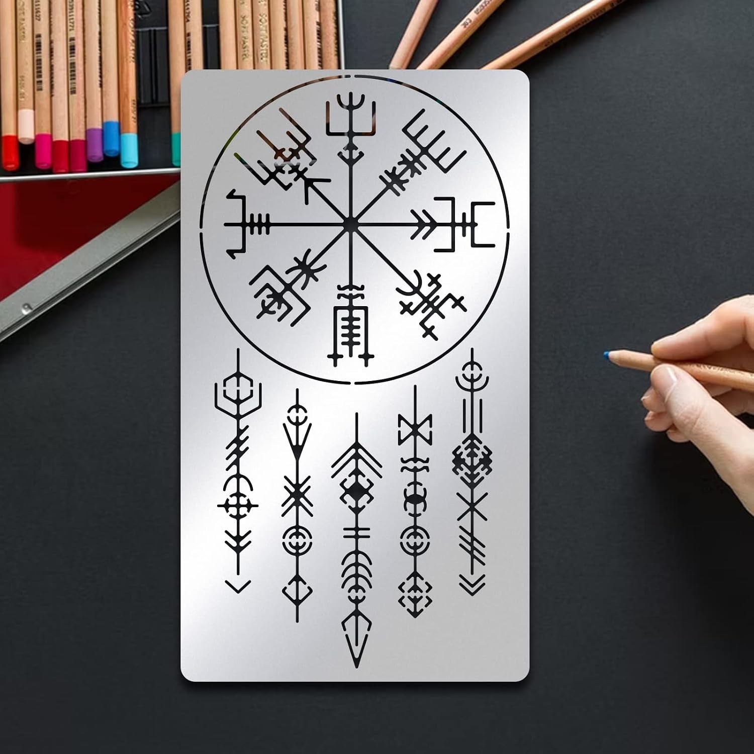 Viking Painting Stencils, 7X4 Inch Celtic Viking Signs Stainless Steel Metal Drawing Stencil for Wood Carving, Woodburning, Engraving and Scrapbooking