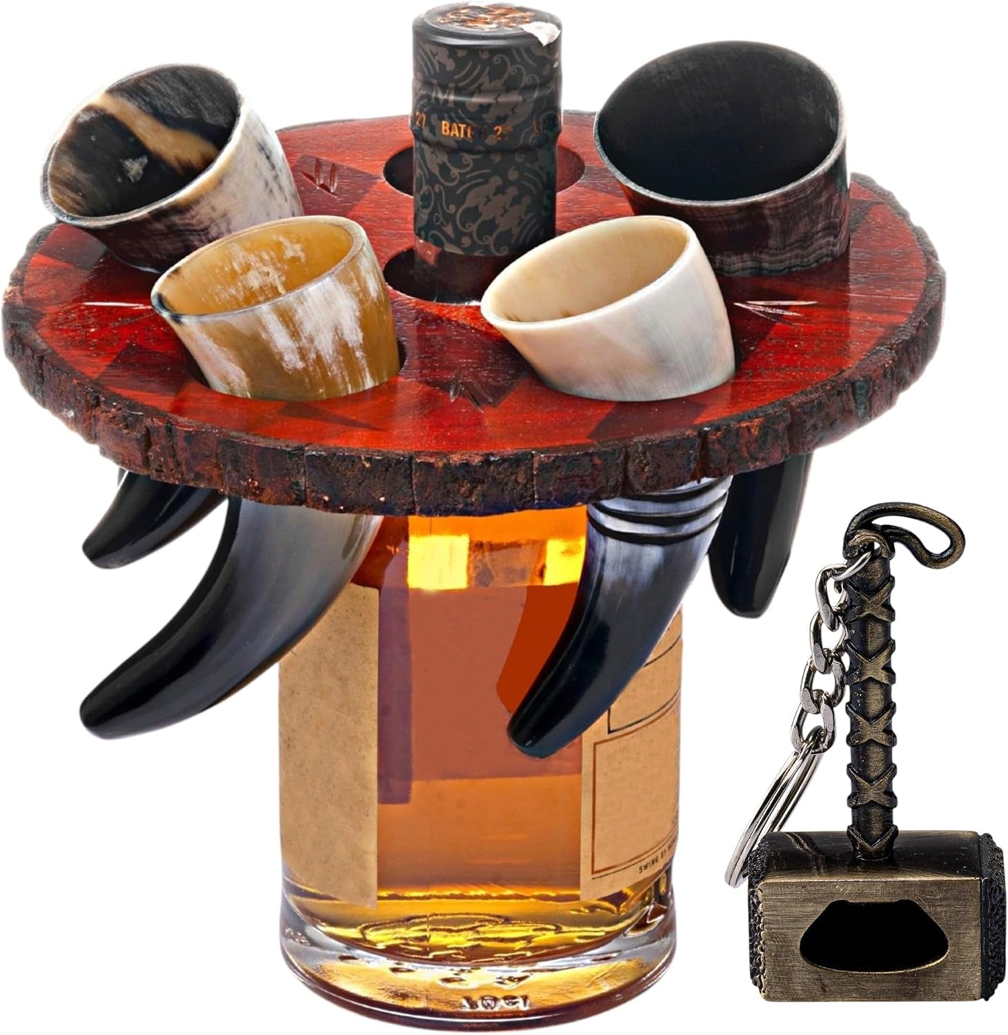 Viking Drinking Horn Set of 5 – Gifts for Men, Dad, Husband – Unique Viking Gift – Handmade Real Ox Horn Cup with Wooden Storage Tray & Opener – for Beer, Ale, Mead