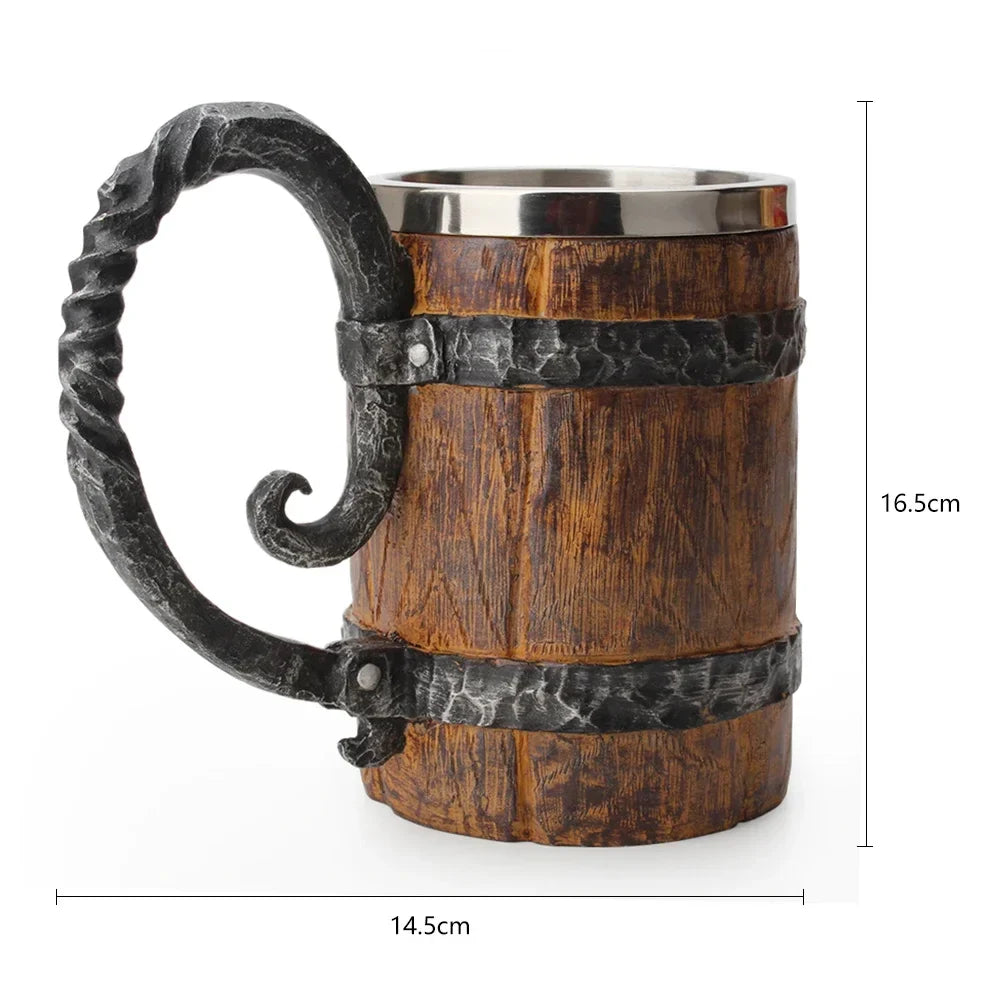 Viking Beer Mug – Double Wall Insulated Wood Style Drinking Cup with Handle