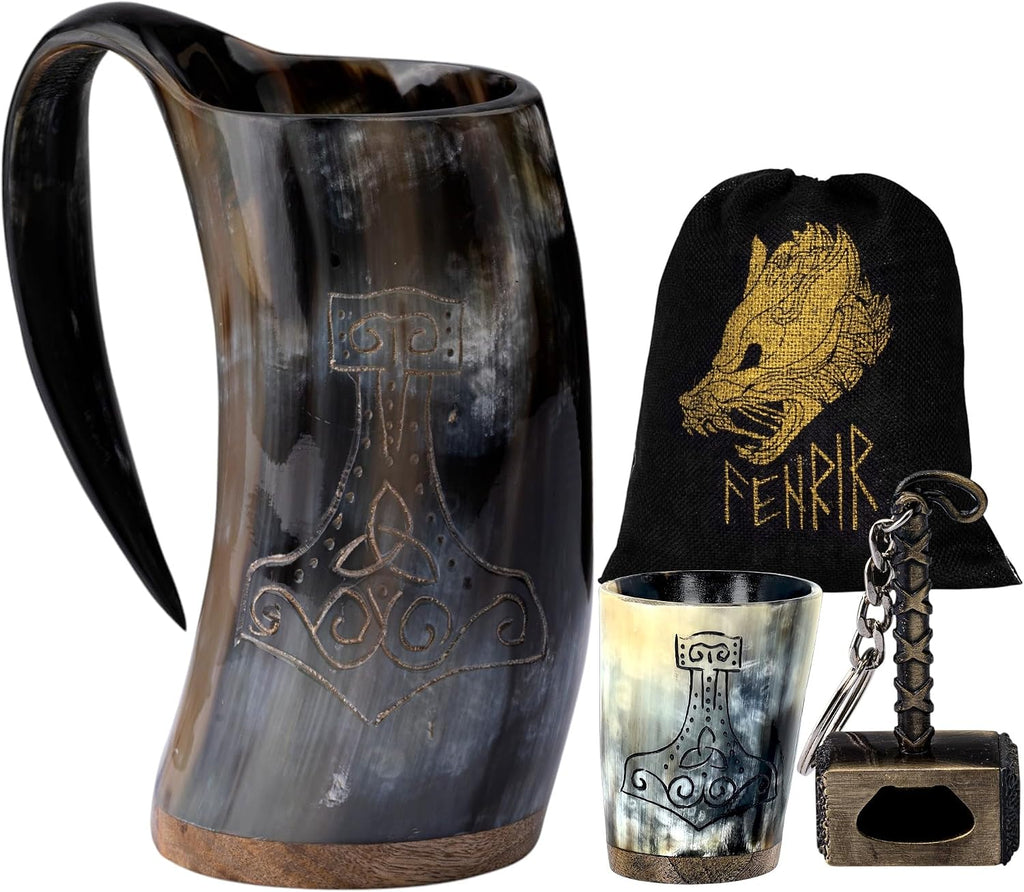 Viking Drinking Horn Mug Set 16 Oz – Gifts for Men, Dad, Husband – Unique Viking Gift – Handmade Real Ox Horn Cup with Shot Glass & Opener – for Beer, Ale, Mead (Thor Shine Finish)