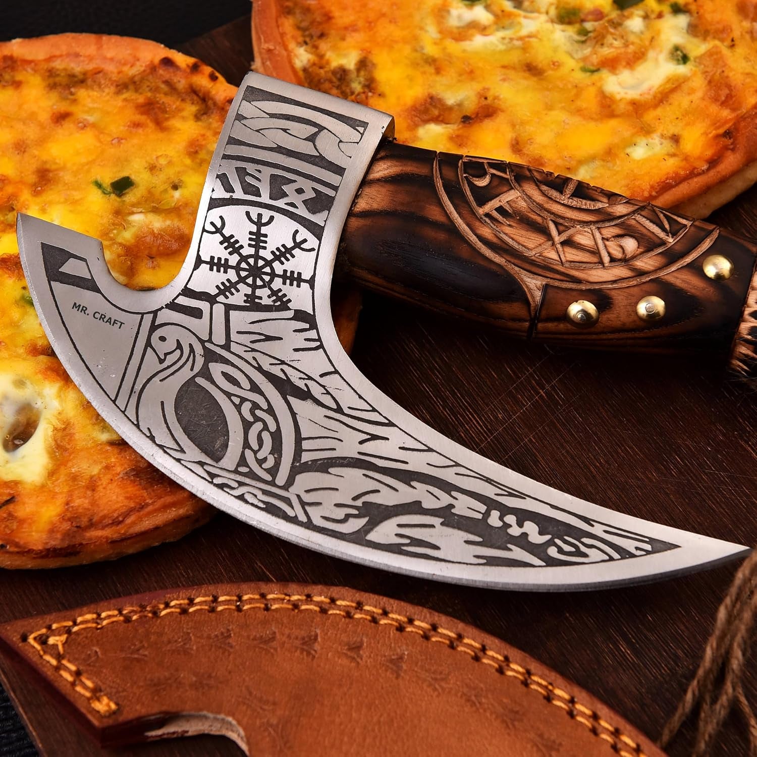 Pizza Cutter Axe Carbon Steel Slicer Chef Viking Axe with Leather Cover - Premium Pizza Oven Accessories Ulu Rocking Pizza Gifts for Men (Engraved Ash Wood)