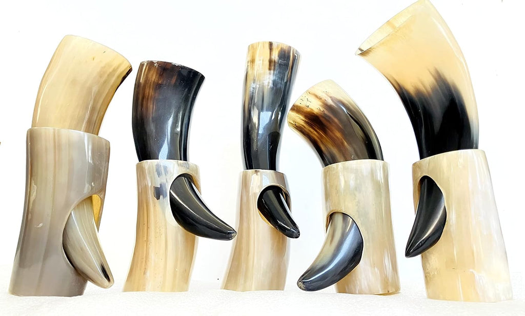5X Viking Drinking Horn Cups 9" -15" | Viking Gift for Men 100% Natural Norse 10-14 Oz Goblet Ale Mead Beer Mug Wine with Stand (Large (9"-11"))