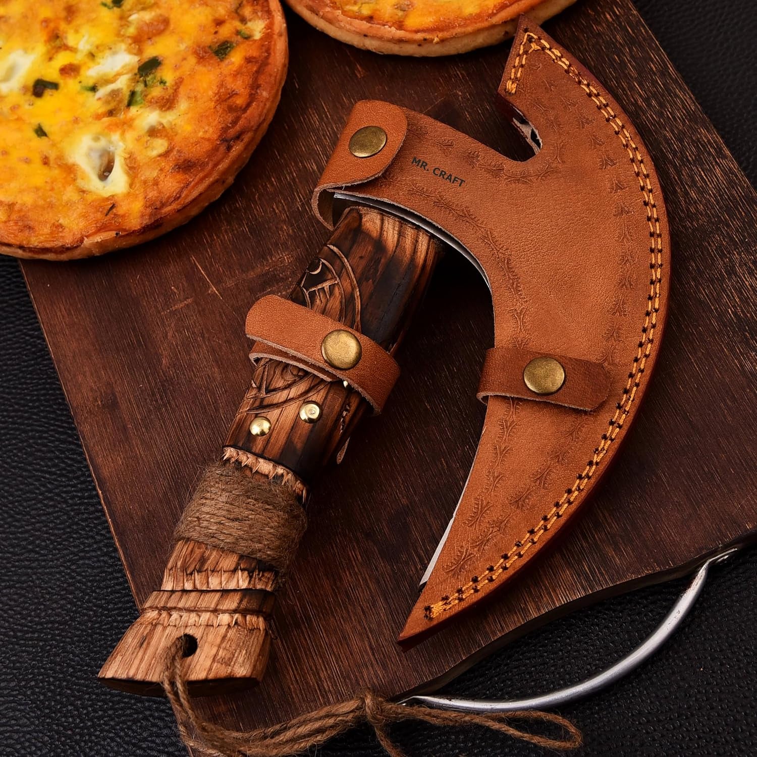 Pizza Cutter Axe Carbon Steel Slicer Chef Viking Axe with Leather Cover - Premium Pizza Oven Accessories Ulu Rocking Pizza Gifts for Men (Engraved Ash Wood)