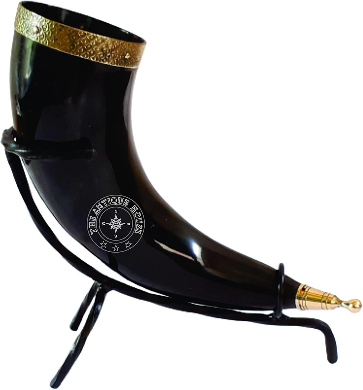 Set of Two Ox Horn Drinking Beer Mug Brass Rim Medieval Viking Cup with Iron Stand