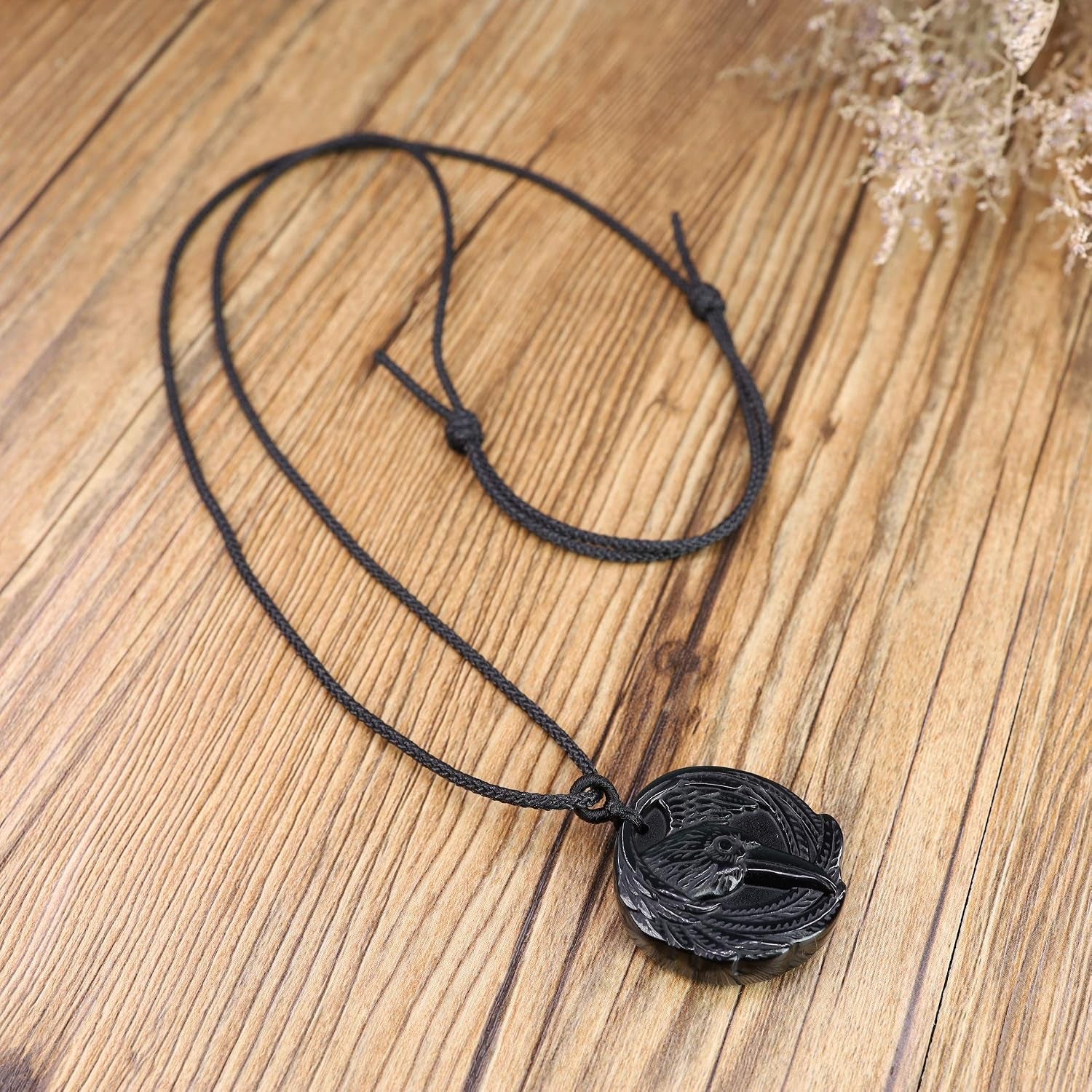 Men'S Viking Necklace Bold Eagle Raven Obsidian Necklace for Men Women, Stainless Steel Chain/Adjustable Nylon Cord