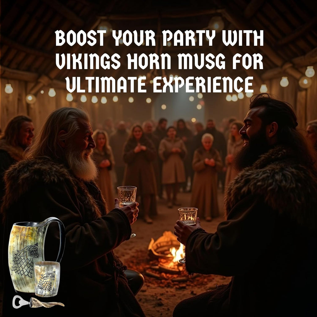 Drinking Horn Mug 16-20 Oz – Gifts for Men, Dad, Husband – Unique Viking Gift – Handmade Authentic Ox Horn Cup with Shot Glass & Opener – for Beer, Ale, Mead – Natural Polished (Fenrir)