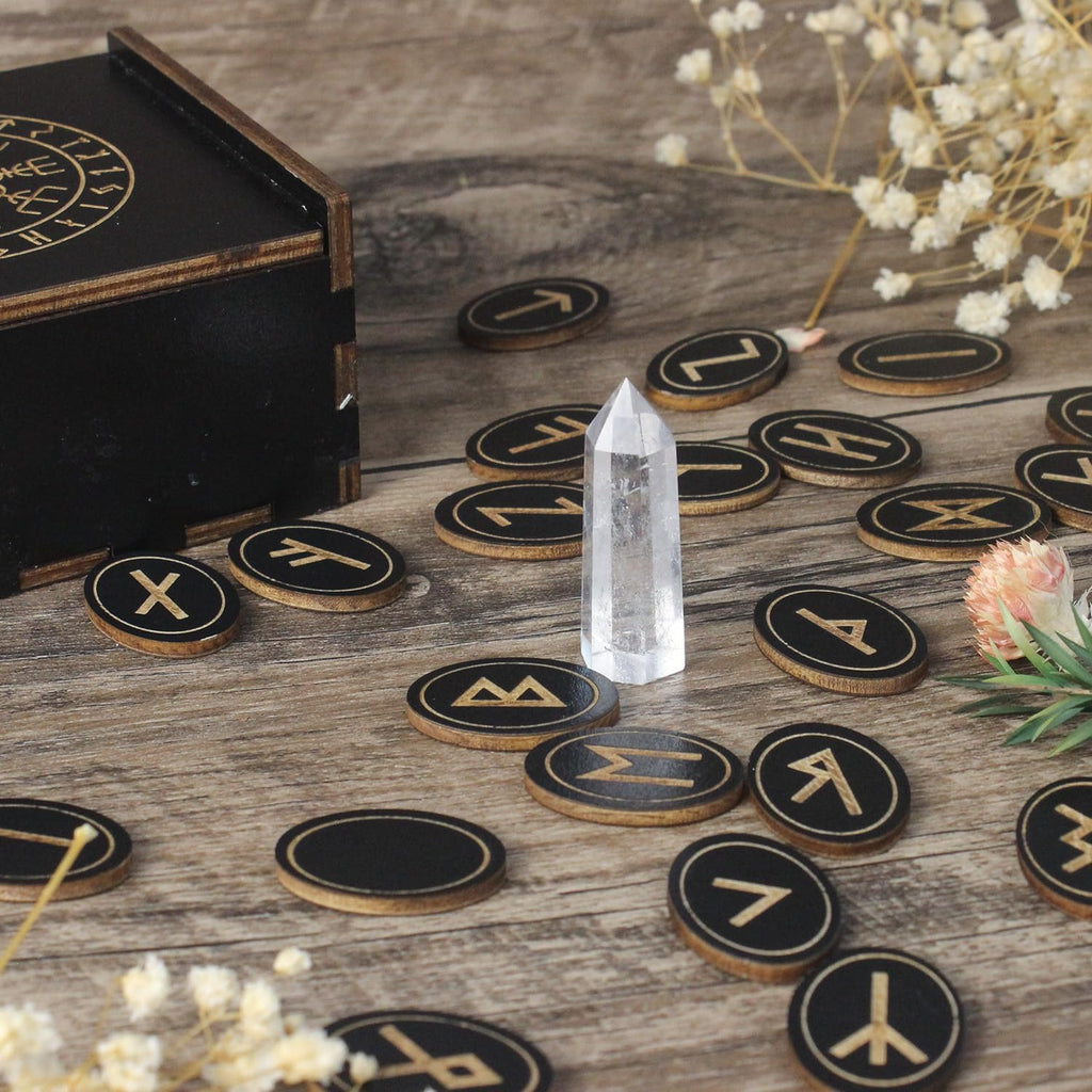 Runes, Wooden Runes Set with Guide Book,Healing Crystal Velvet Bag | Runes for Beginners, Witchcraft/Divination/Meditation/Spiritual