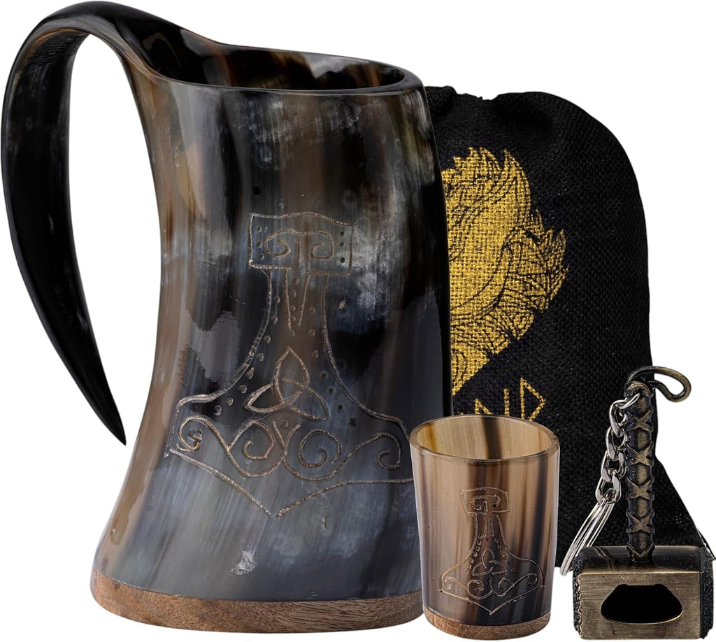 Viking Drinking Horn Mug Set 16 Oz – Gifts for Men, Dad, Husband – Unique Viking Gift – Handmade Real Ox Horn Cup with Shot Glass & Opener – for Beer, Ale, Mead (Thor Shine Finish)
