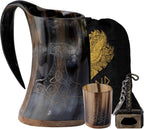 Viking Drinking Horn Mug Set 16 Oz – Gifts for Men, Dad, Husband – Unique Viking Gift – Handmade Real Ox Horn Cup with Shot Glass & Opener – for Beer, Ale, Mead (Thor Shine Finish)