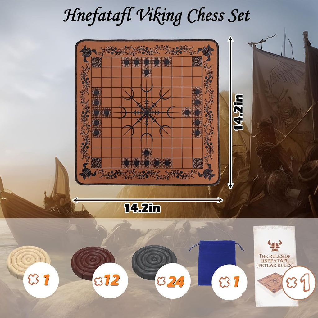 HNEFATAFL: Viking Chess Board Game, Authentic Traditional Two-Player Strategy Board Game, Travel Games with Chessboard. a Leather Game Board+37 Pieces+A Game Strategy+2 Plush Storage Bags
