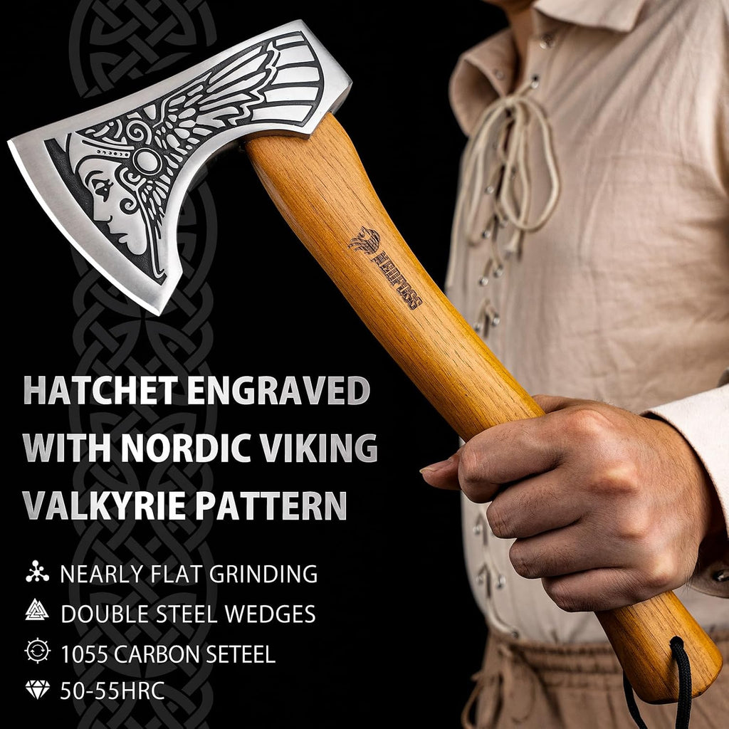 13" Valkyrie Viking Axe, Handmade Viking Hatchet W/Leather Sheath | High Carbon 1055 Steel Blade, Premium Viking Axes Design for Camping Bushcraft Hatchet, Collection Gift for Men Women