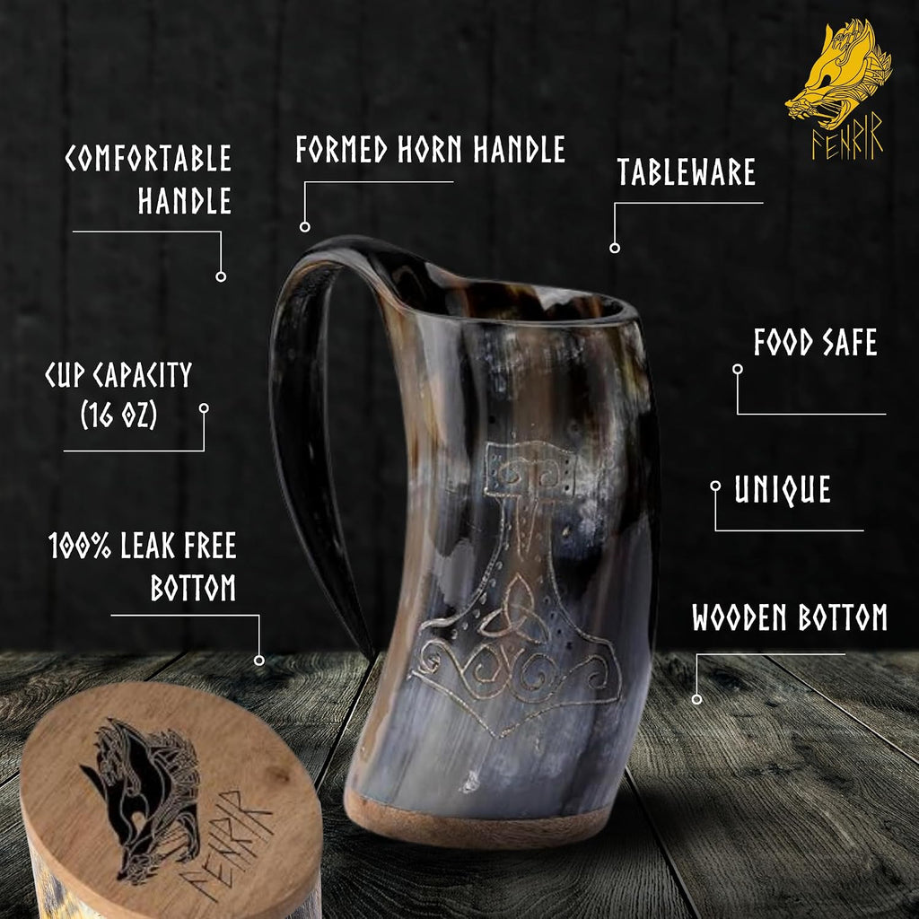 Viking Drinking Horn Mug Set 16 Oz – Gifts for Men, Dad, Husband – Unique Viking Gift – Handmade Real Ox Horn Cup with Shot Glass & Opener – for Beer, Ale, Mead (Thor Shine Finish)