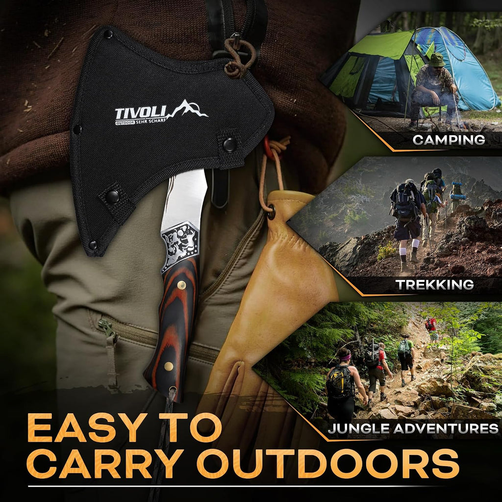 Camping Axe, Tiger - Patterned Survival Hatchet with Nylon Sheath | High Carbon Steel Blade, Ergonomic Wood Grip, Nylon Sheath, Unique Pattern Design, for Hiking, Chopping, Hunting