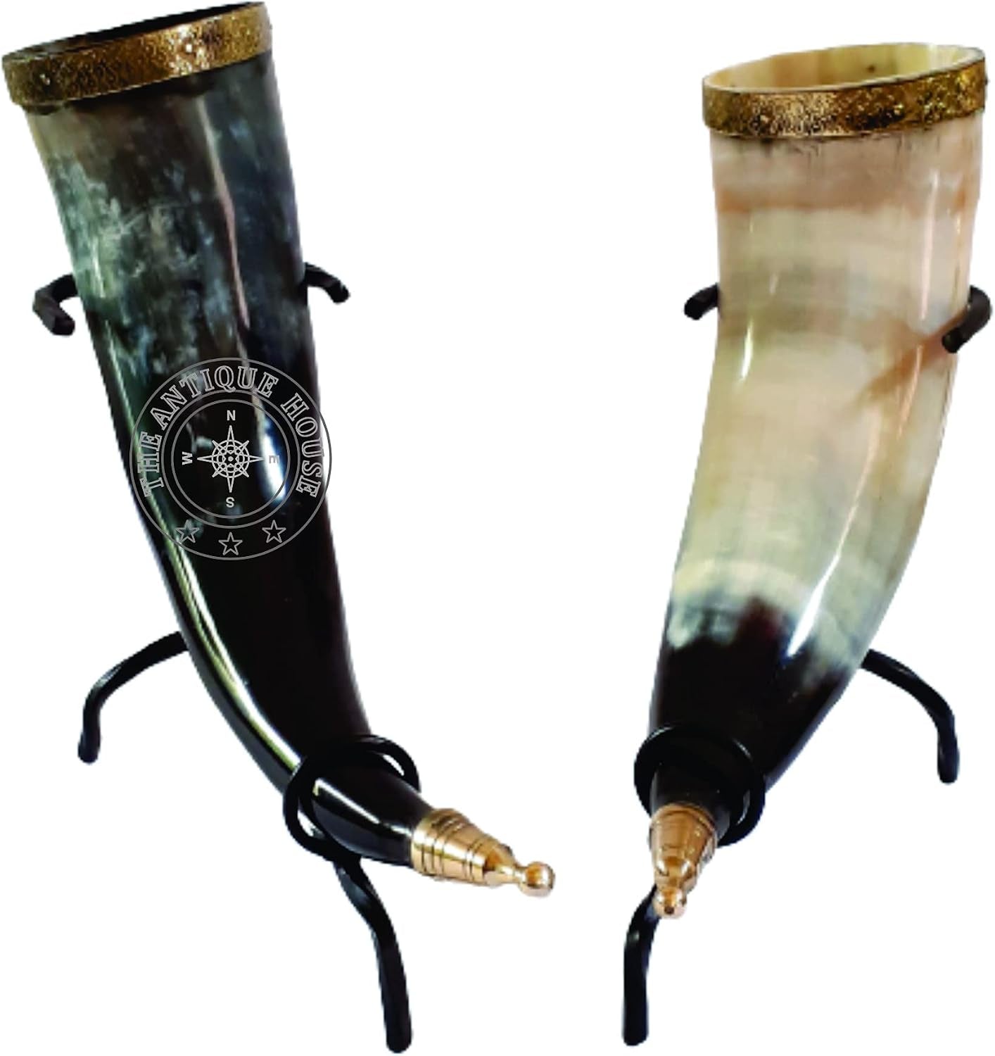 Set of Two Ox Horn Drinking Beer Mug Brass Rim Medieval Viking Cup with Iron Stand