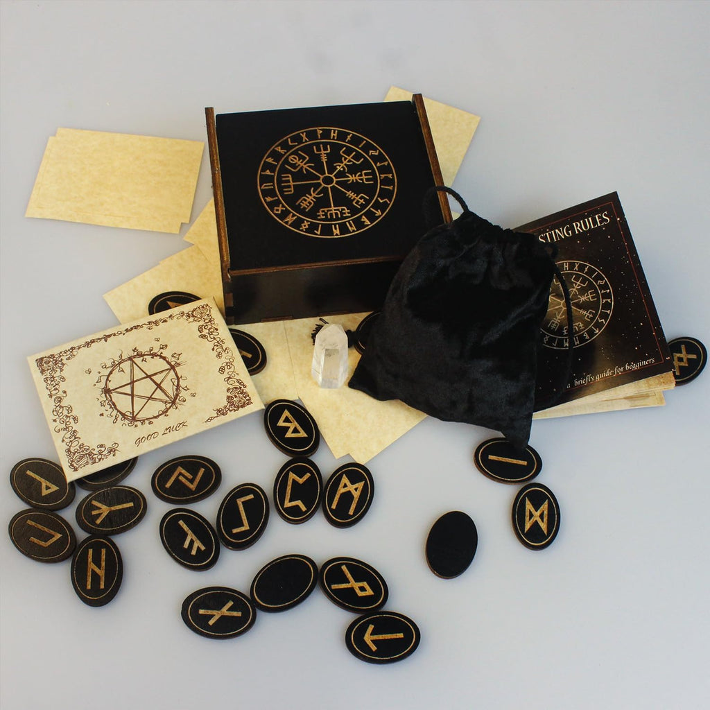 Runes, Wooden Runes Set with Guide Book,Healing Crystal Velvet Bag | Runes for Beginners, Witchcraft/Divination/Meditation/Spiritual