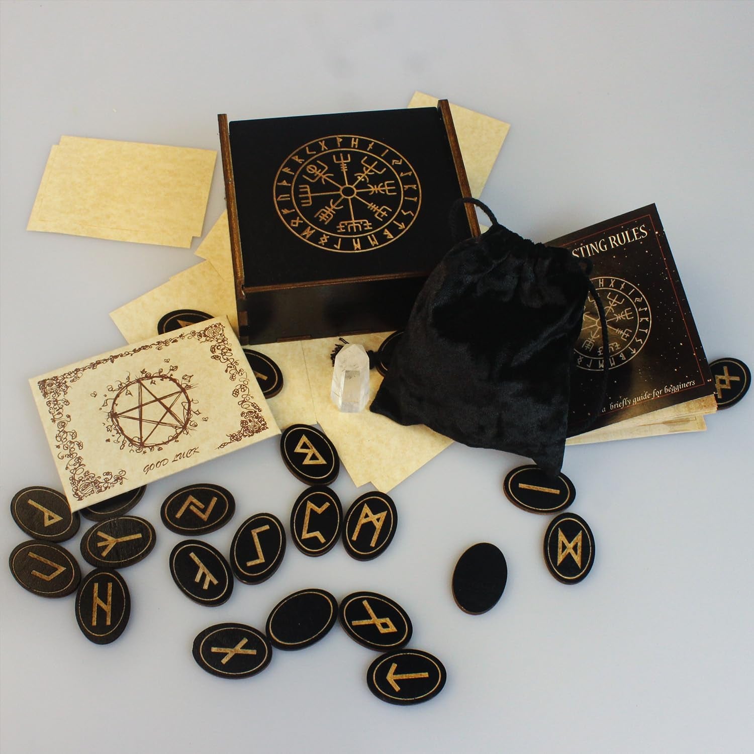Runes, Wooden Runes Set with Guide Book,Healing Crystal Velvet Bag | Runes for Beginners, Witchcraft/Divination/Meditation/Spiritual