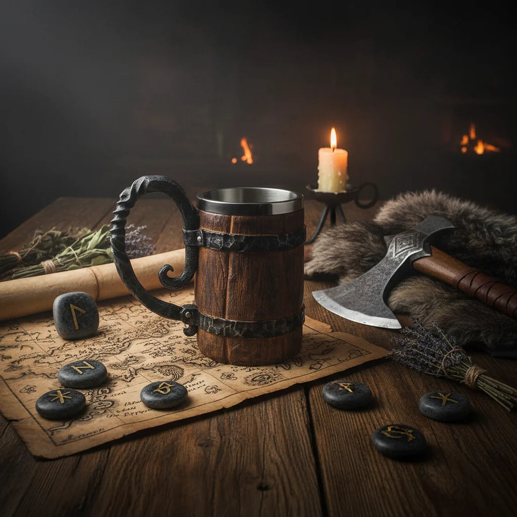 Viking Beer Mug – Double Wall Insulated Wood Style Drinking Cup with Handle