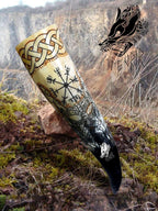 Viking Drinking Horn with Stand & Thor Bottle Opener | Norse Medieval Authentic Ox Horn for Ale, Mead, Whiskey | Unique Gifts for Men & Women | 16-20 Oz Odin & Vegvisir