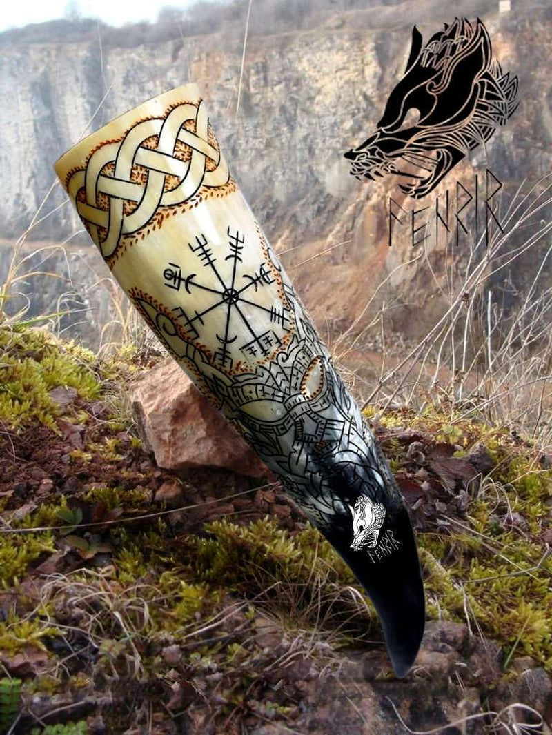 Viking Drinking Horn with Stand & Thor Bottle Opener | Norse Medieval Authentic Ox Horn for Ale, Mead, Whiskey | Unique Gifts for Men & Women | 16-20 Oz Odin & Vegvisir