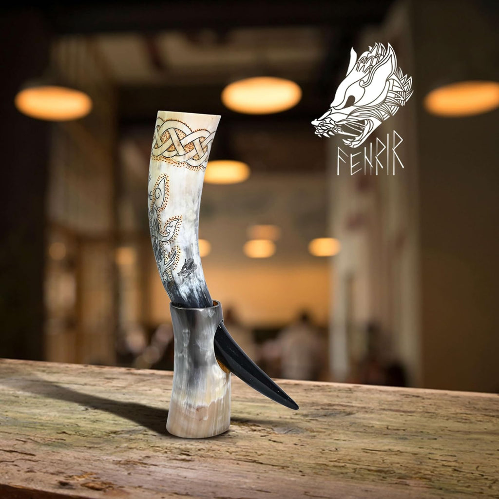 Viking Drinking Horn with Stand & Thor Bottle Opener | Norse Medieval Authentic Ox Horn for Ale, Mead, Whiskey | Unique Gifts for Men & Women | 16-20 Oz Odin & Vegvisir