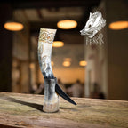 Viking Drinking Horn with Stand & Thor Bottle Opener | Norse Medieval Authentic Ox Horn for Ale, Mead, Whiskey | Unique Gifts for Men & Women | 16-20 Oz Odin & Vegvisir