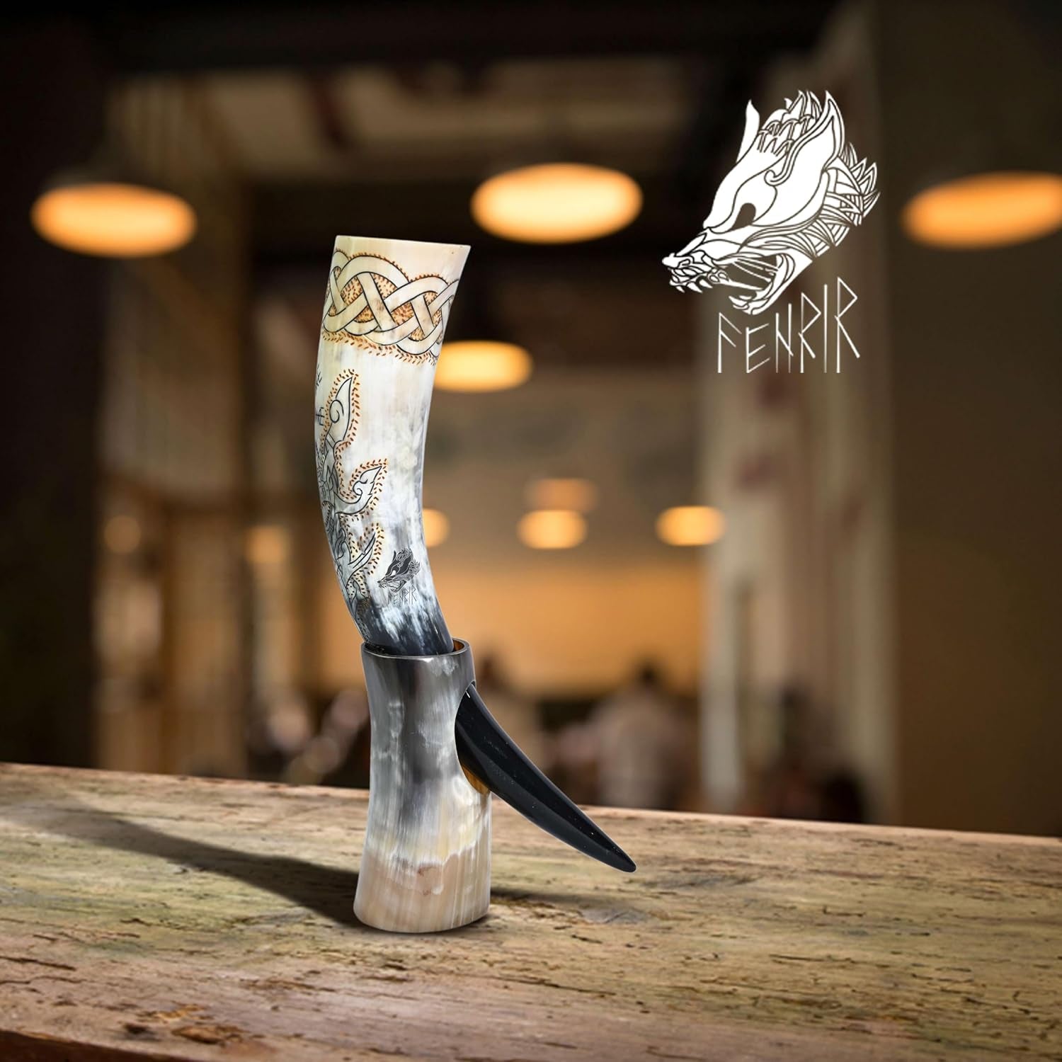 Viking Drinking Horn with Stand & Thor Bottle Opener | Norse Medieval Authentic Ox Horn for Ale, Mead, Whiskey | Unique Gifts for Men & Women | 16-20 Oz Odin & Vegvisir