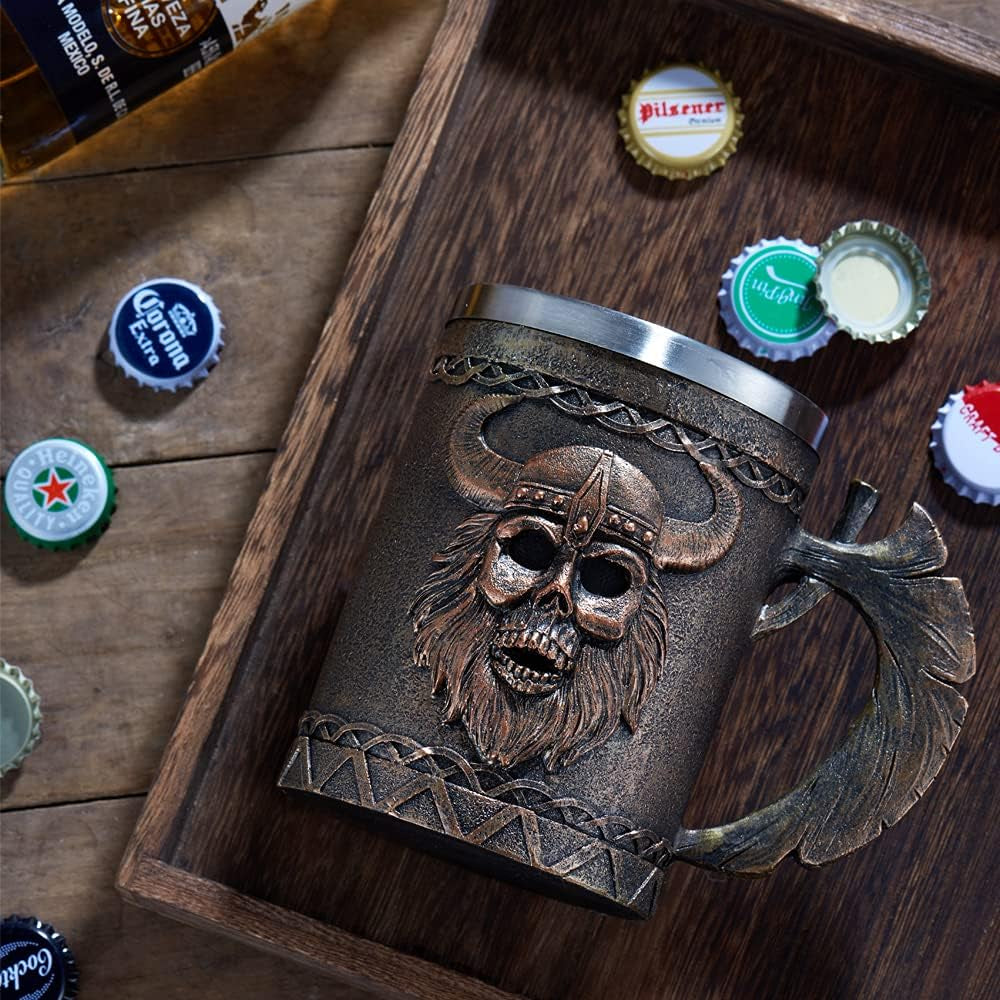 Viking Axe Mug, Stainless Steel Horn Beer Cup, Viking Warrior Skull Cup Tankard, Drinking Cup Coffee Beer Steins,Medieval Skull Drinkware Mug for Coffee/Beverage/Juice17Oz Gift for Men