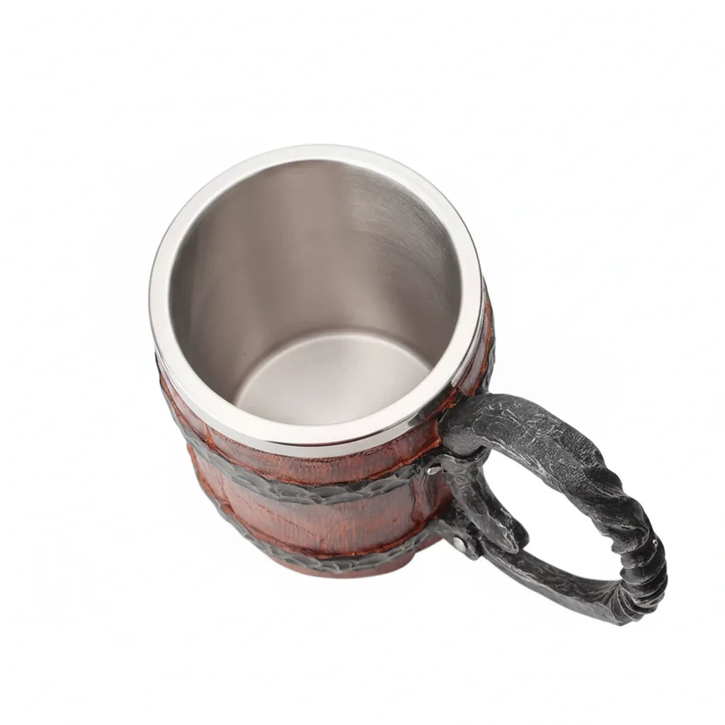 Viking Beer Mug – Double Wall Insulated Wood Style Drinking Cup with Handle