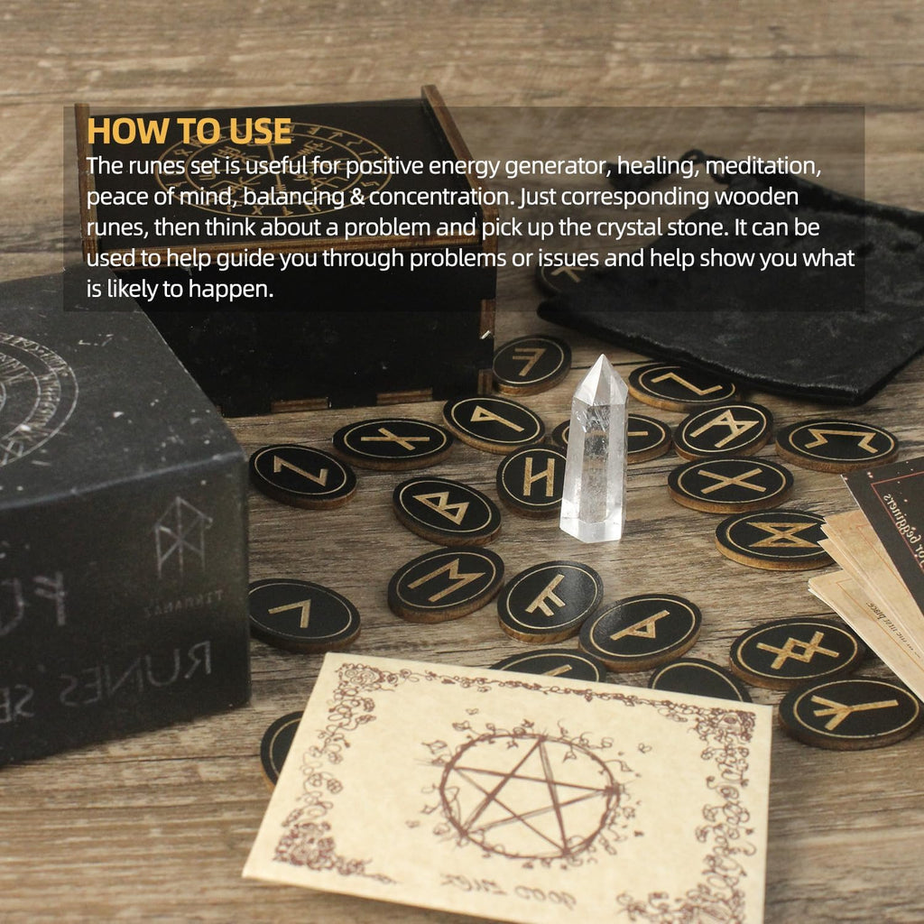 Runes, Wooden Runes Set with Guide Book,Healing Crystal Velvet Bag | Runes for Beginners, Witchcraft/Divination/Meditation/Spiritual