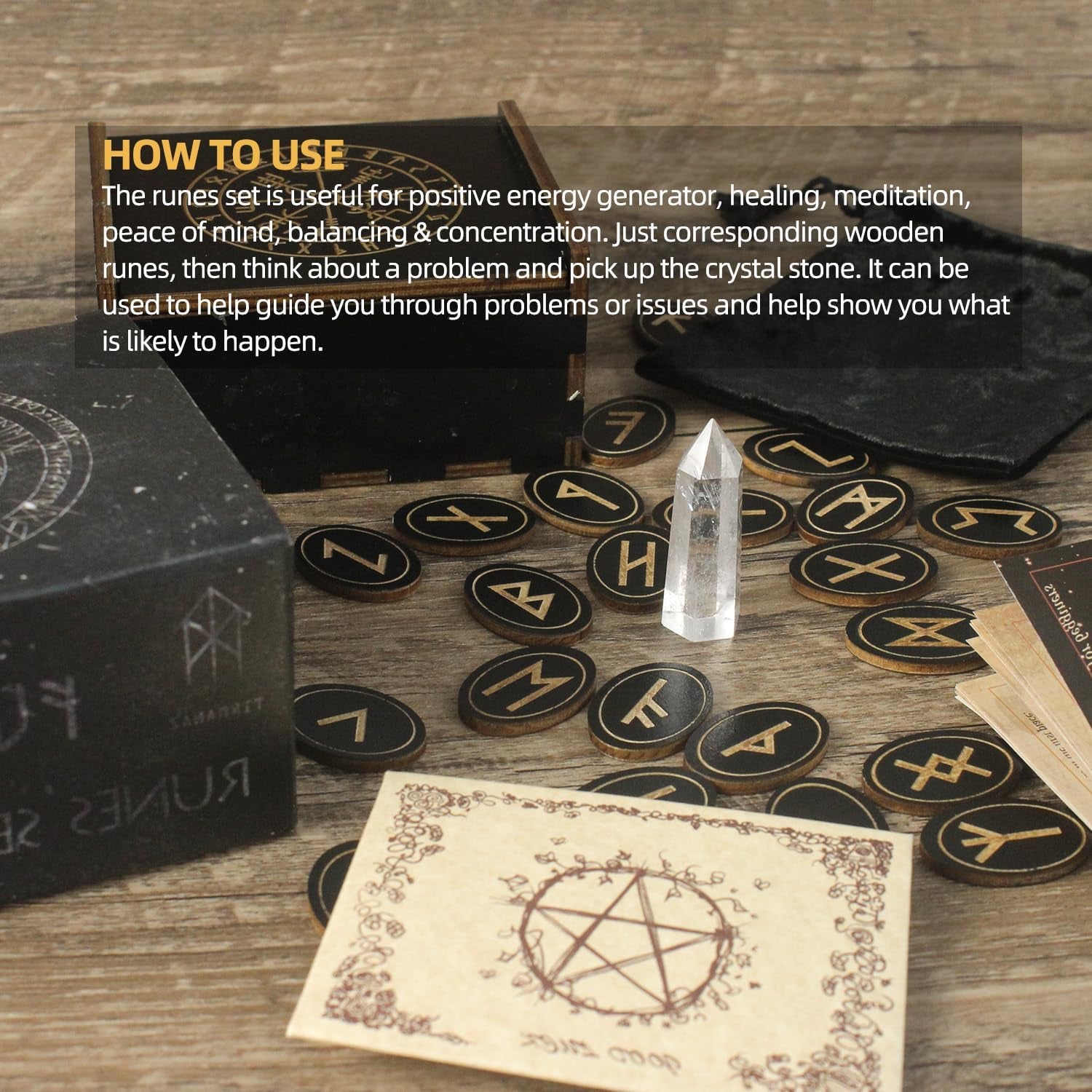 Runes, Wooden Runes Set with Guide Book,Healing Crystal Velvet Bag | Runes for Beginners, Witchcraft/Divination/Meditation/Spiritual