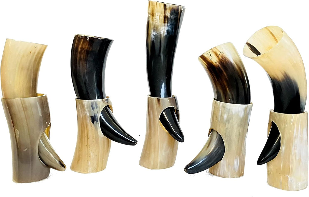 5X Viking Drinking Horn Cups 9" -15" | Viking Gift for Men 100% Natural Norse 10-14 Oz Goblet Ale Mead Beer Mug Wine with Stand (Large (9"-11"))