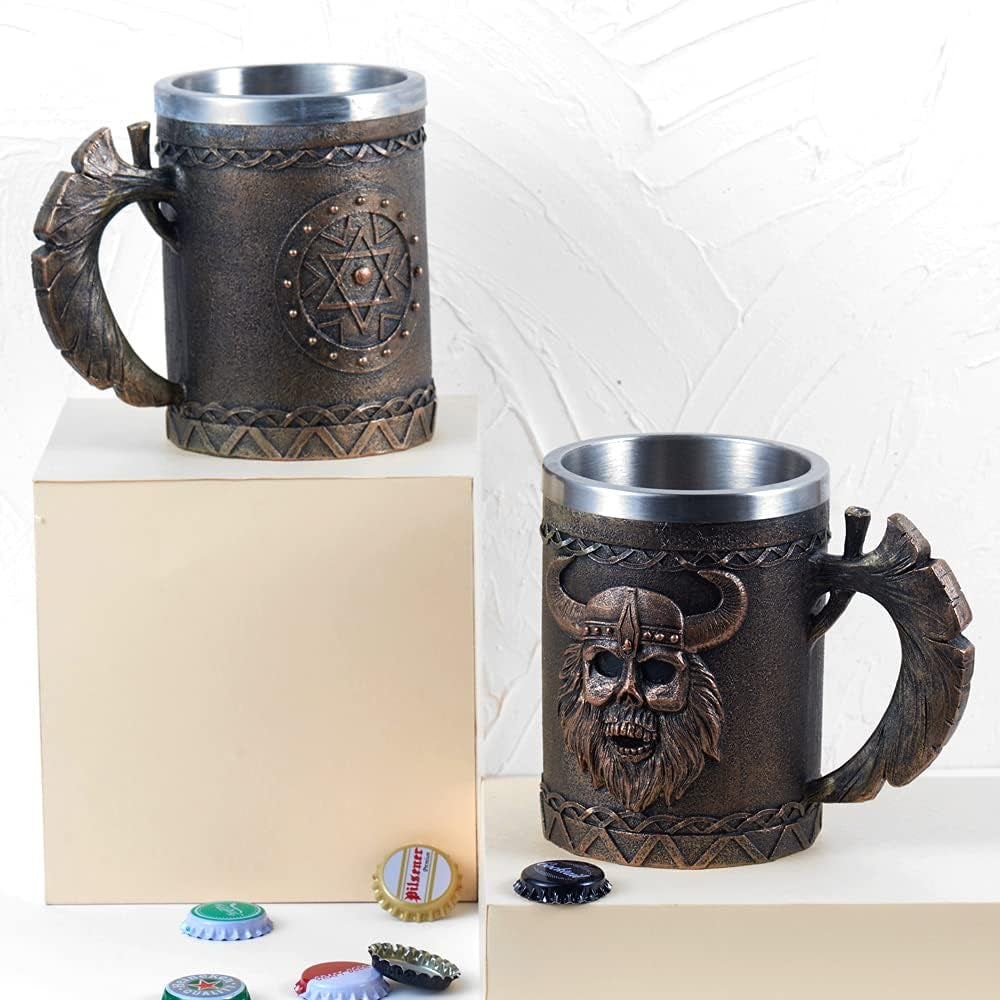 Viking Axe Mug, Stainless Steel Horn Beer Cup, Viking Warrior Skull Cup Tankard, Drinking Cup Coffee Beer Steins,Medieval Skull Drinkware Mug for Coffee/Beverage/Juice17Oz Gift for Men