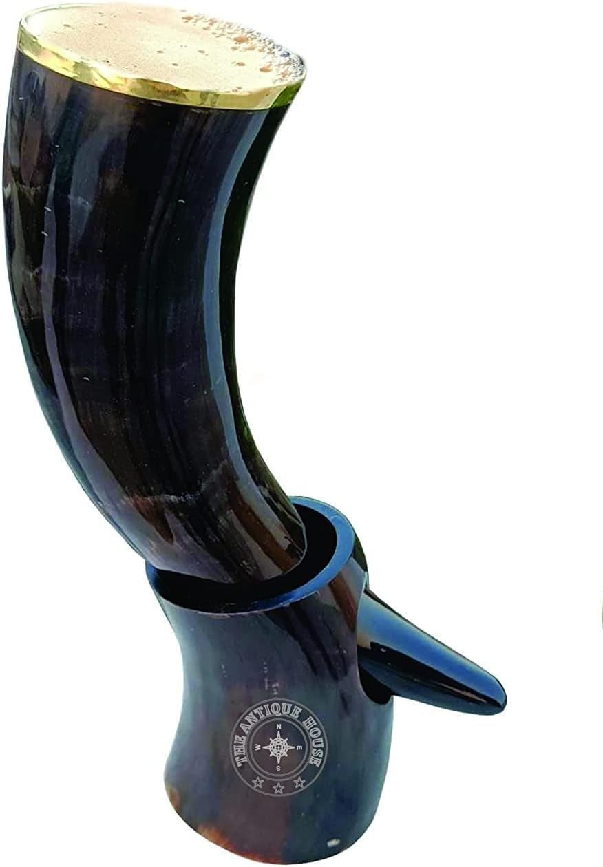 100% Natural Black Viking Drinking Horn Mug Cup with Stand for Beer Wine Mead