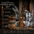 Viking Drinking Horn Mug & Cup Set | 6-Piece Collection with 16Oz Dire Wolf Engraved Mead & Beer Mug, Shot Glass, Bottle Opener, Leather Strap, Drinking Horn & Stand | Norse Gift for Men