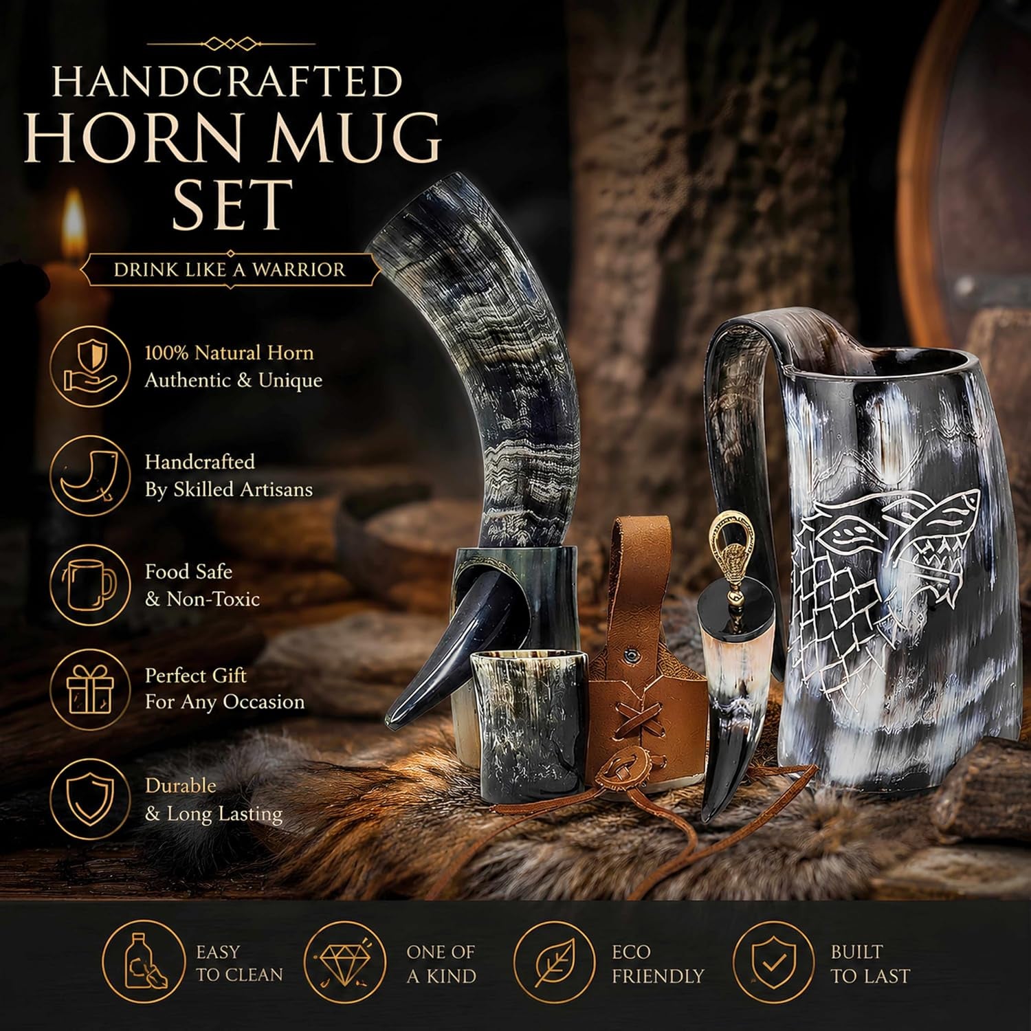 Viking Drinking Horn Mug & Cup Set | 6-Piece Collection with 16Oz Dire Wolf Engraved Mead & Beer Mug, Shot Glass, Bottle Opener, Leather Strap, Drinking Horn & Stand | Norse Gift for Men