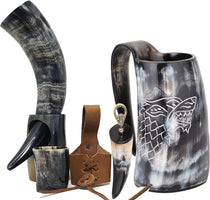 Viking Drinking Horn Mug & Cup Set | 6-Piece Collection with 16Oz Dire Wolf Engraved Mead & Beer Mug, Shot Glass, Bottle Opener, Leather Strap, Drinking Horn & Stand | Norse Gift for Men
