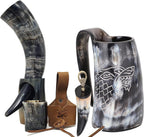 Viking Drinking Horn Mug & Cup Set | 6-Piece Collection with 16Oz Dire Wolf Engraved Mead & Beer Mug, Shot Glass, Bottle Opener, Leather Strap, Drinking Horn & Stand | Norse Gift for Men