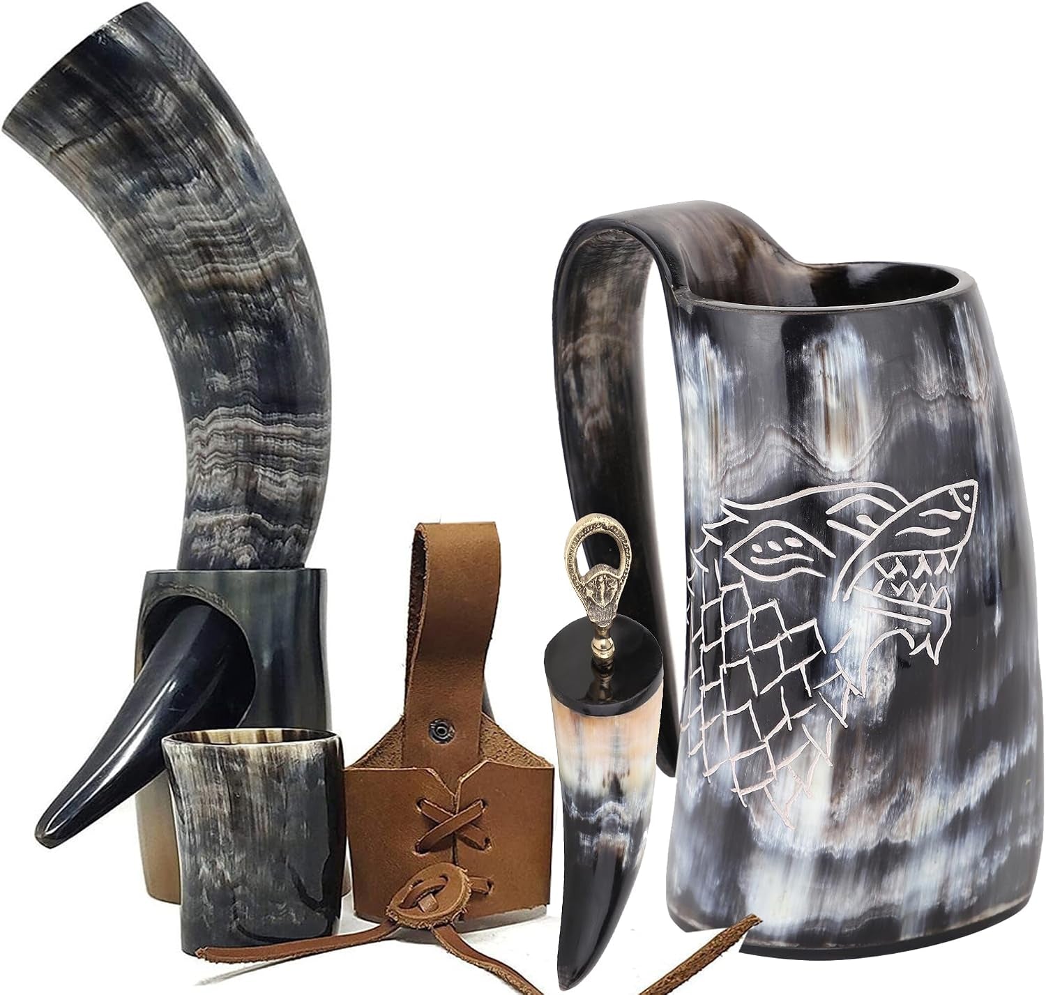 Viking Drinking Horn Mug & Cup Set | 6-Piece Collection with 16Oz Dire Wolf Engraved Mead & Beer Mug, Shot Glass, Bottle Opener, Leather Strap, Drinking Horn & Stand | Norse Gift for Men
